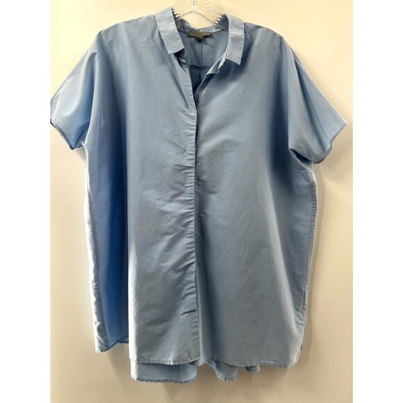 COS Women's Blue Cotton Stretch Relaxed Hidden Button Short Sleeve Blouse Size 4 - Picture 1 of 9